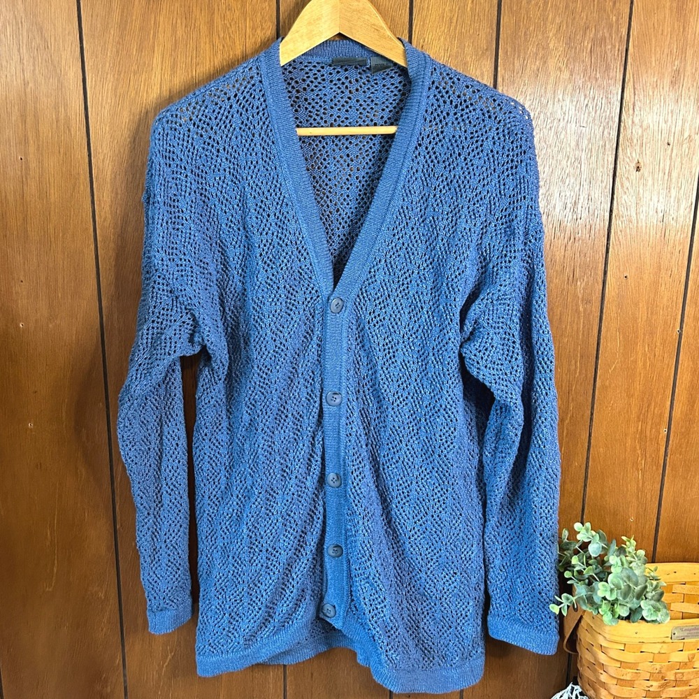 Vintage 90's Lizwear Petite M Blue Crochet Knit Cardigan Sweater Cotton Cottage